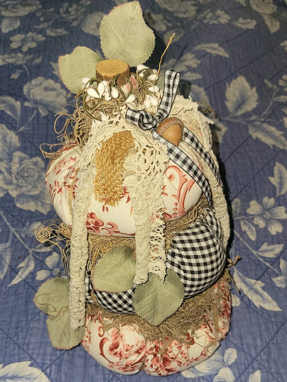 Handmade Rustic Fabric Stacked Pumpkin Fall Decor Gingham Floral Lace